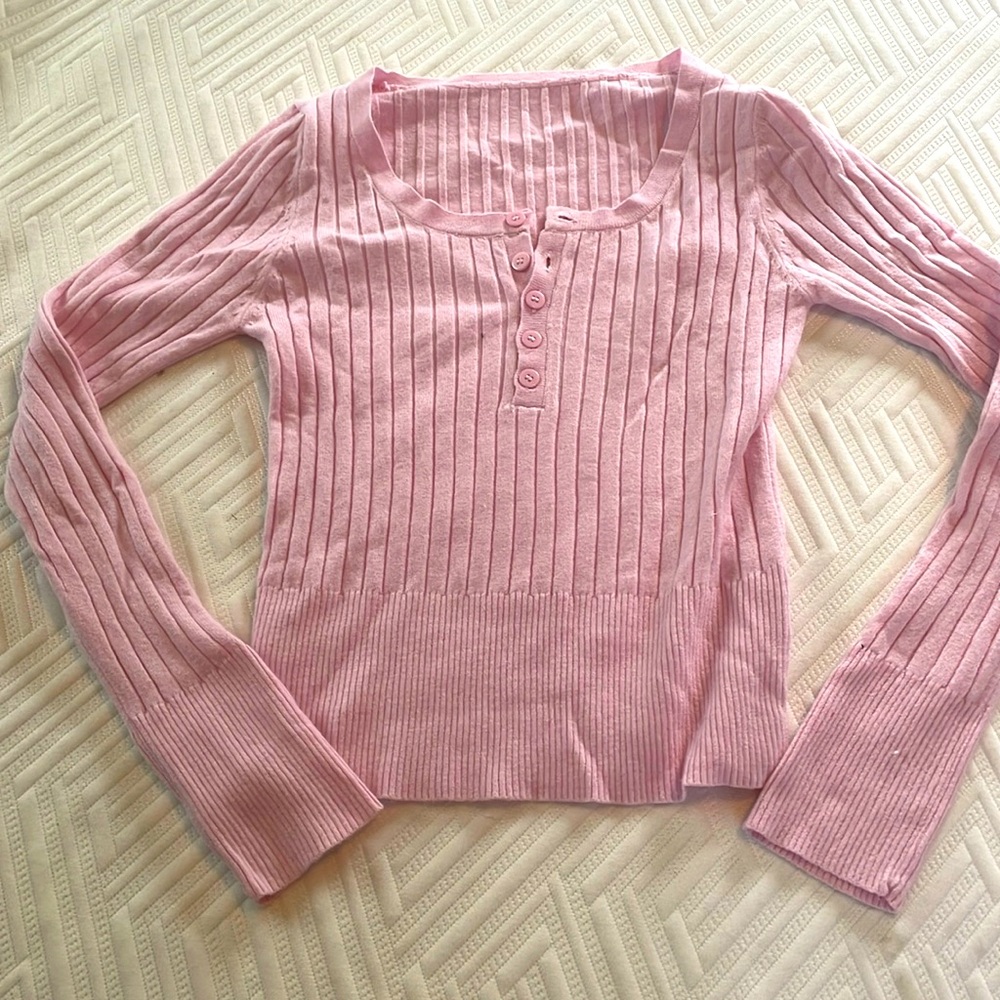 H&M Pink Ribbed Long Sleeve Polo Blouse